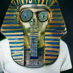 generated: A portrait of a metal statue of a pharaoh wearing steampunk glasses and a leather jacket over a white t-shirt that has a drawing of a space shuttle on it. #0